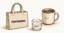 PowerMomma tote, candle and coffee mug