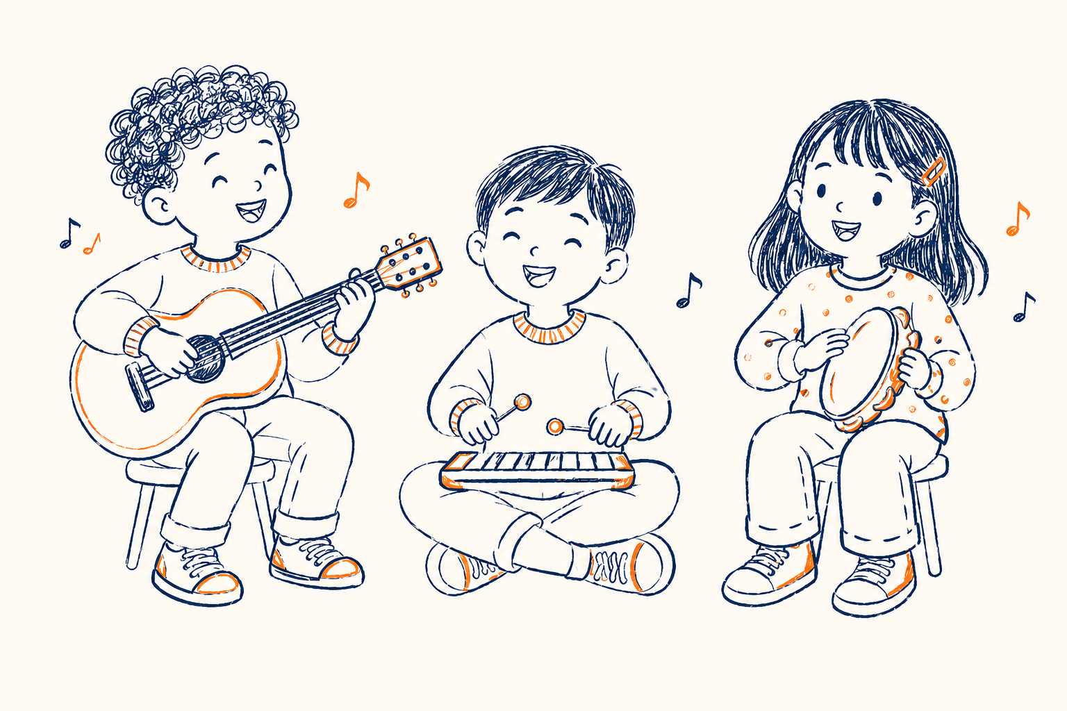 Three children playing instruments