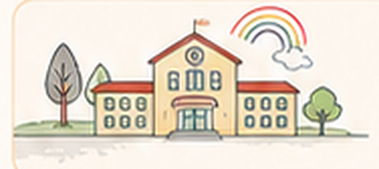School building with trees and a rainbow