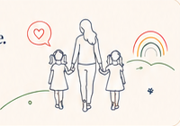 Parent holding hands with two children beside a heart and rainbow