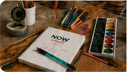 Now What parent guide beside watercolor paints and art supplies